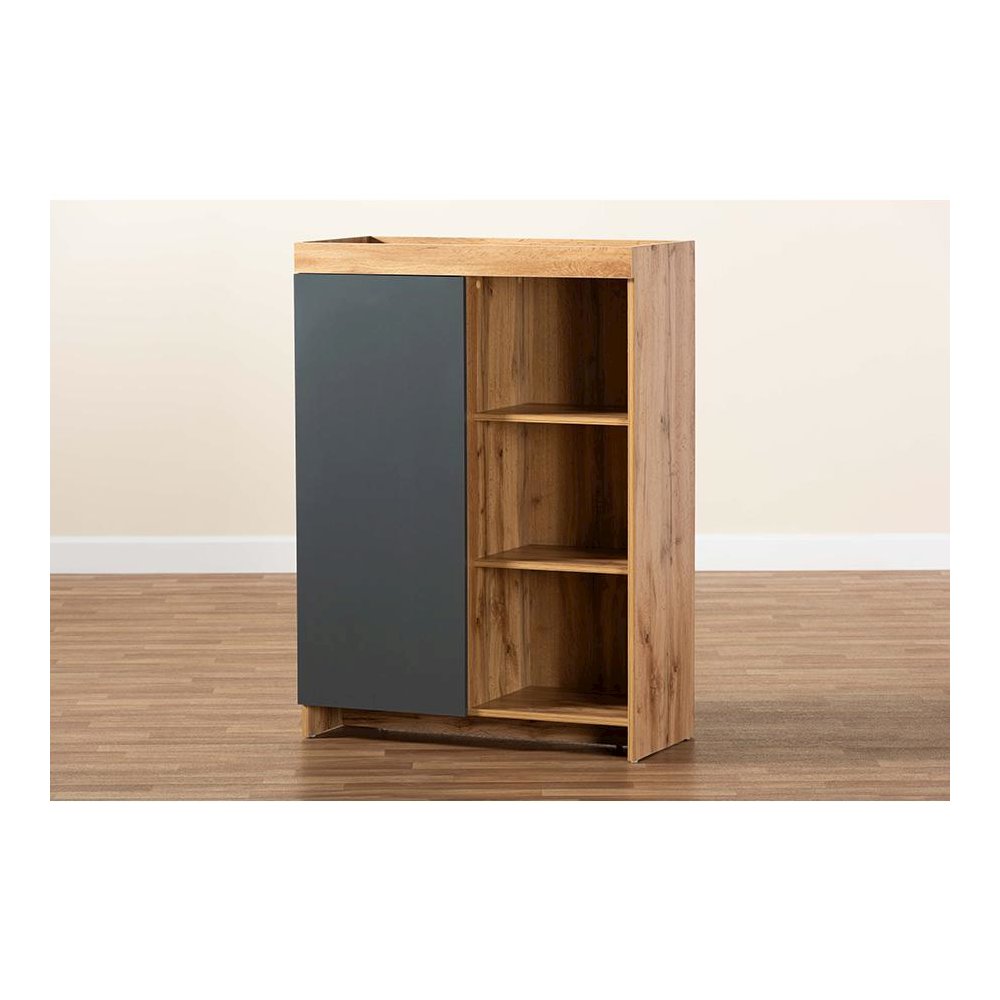 Two-Tone Grey and Oak Brown Finished Wood Shoe Cabinet. Picture 8