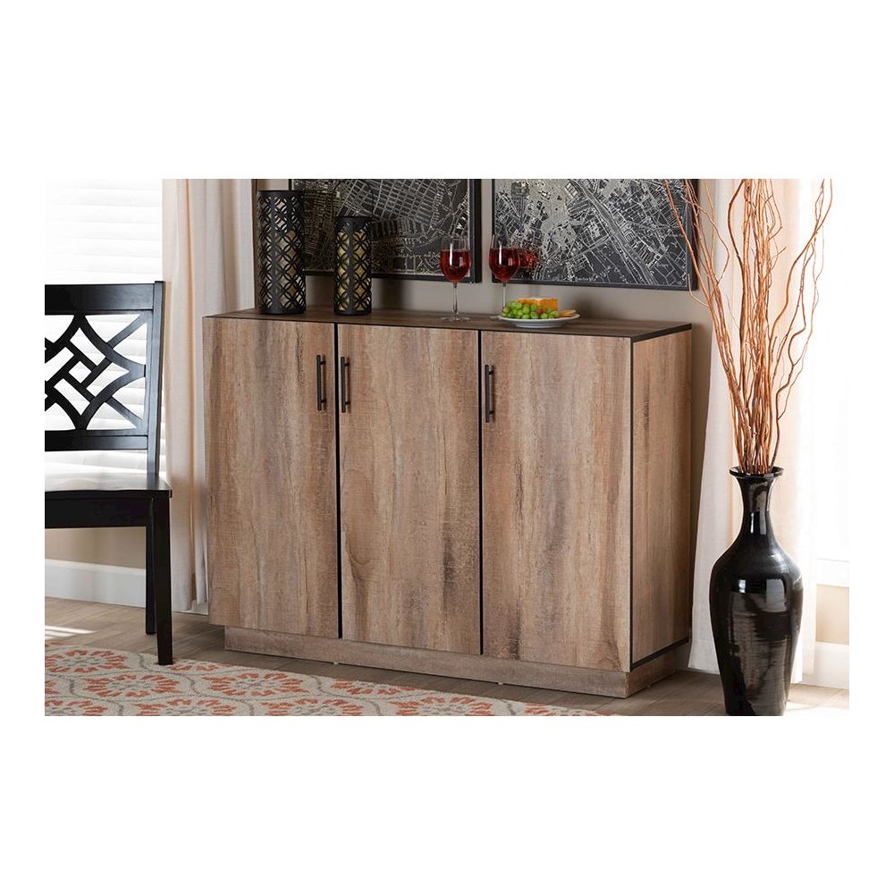 Natural Oak Finished Wood 3-Door Dining Room Sideboard Buffet. Picture 7