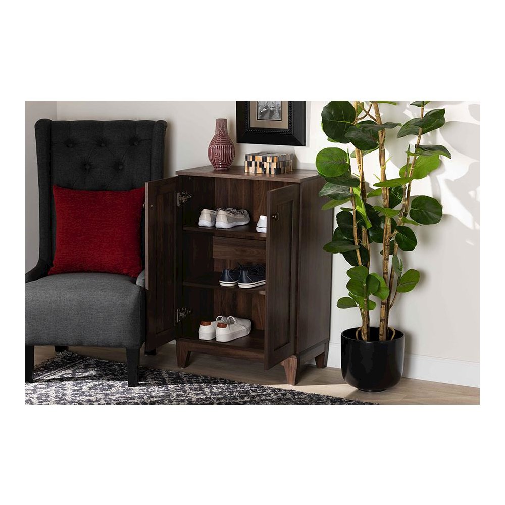 Walnut Brown Finished Wood 2-Door Shoe Storage Cabinet. Picture 8