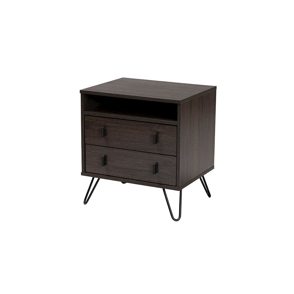 Dark Brown Finished Wood and Black Metal 2-Drawer Nightstand. Picture 1