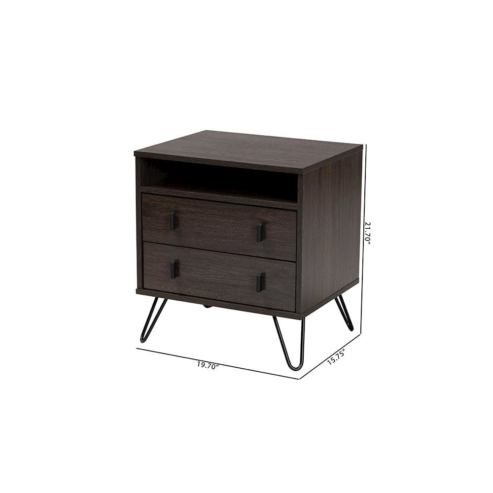 Dark Brown Finished Wood and Black Metal 2-Drawer Nightstand. Picture 10