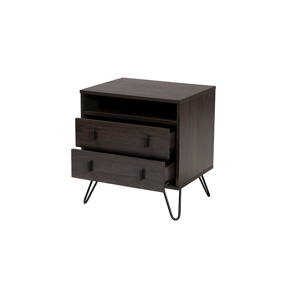 Dark Brown Finished Wood and Black Metal 2-Drawer Nightstand. Picture 2