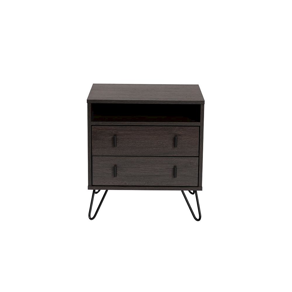 Dark Brown Finished Wood and Black Metal 2-Drawer Nightstand. Picture 3