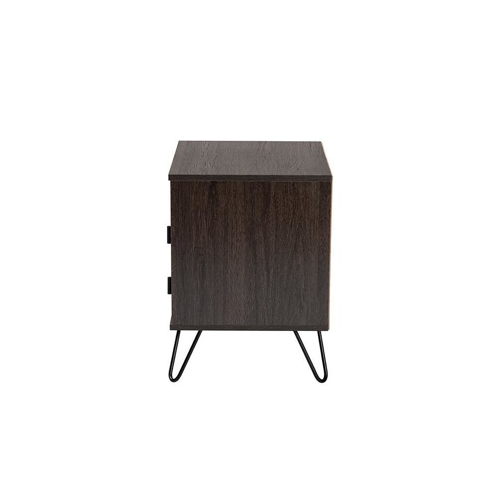 Dark Brown Finished Wood and Black Metal 2-Drawer Nightstand. Picture 4