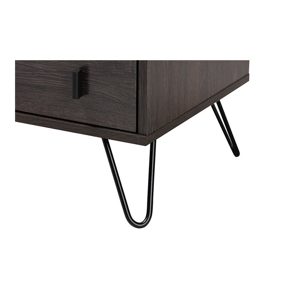 Dark Brown Finished Wood and Black Metal 2-Drawer Nightstand. Picture 6