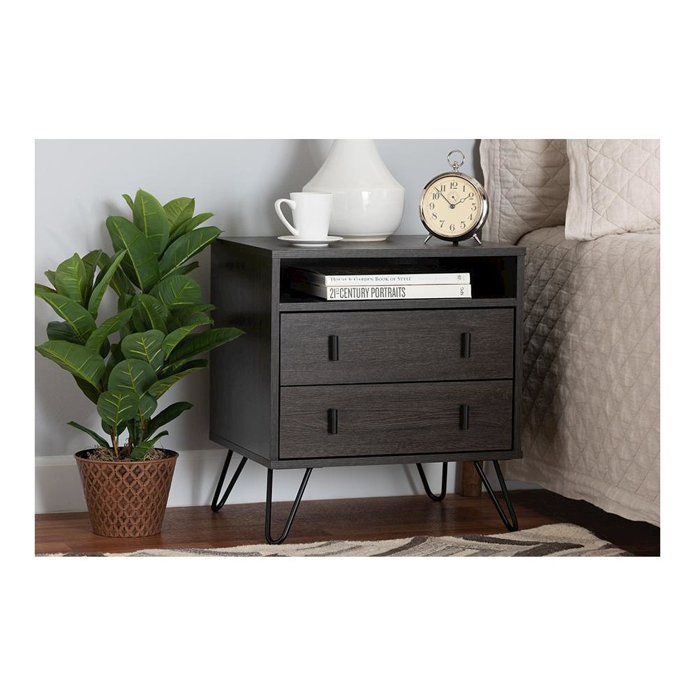 Dark Brown Finished Wood and Black Metal 2-Drawer Nightstand. Picture 8