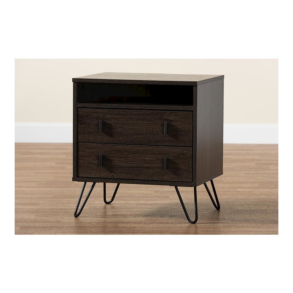 Dark Brown Finished Wood and Black Metal 2-Drawer Nightstand. Picture 9