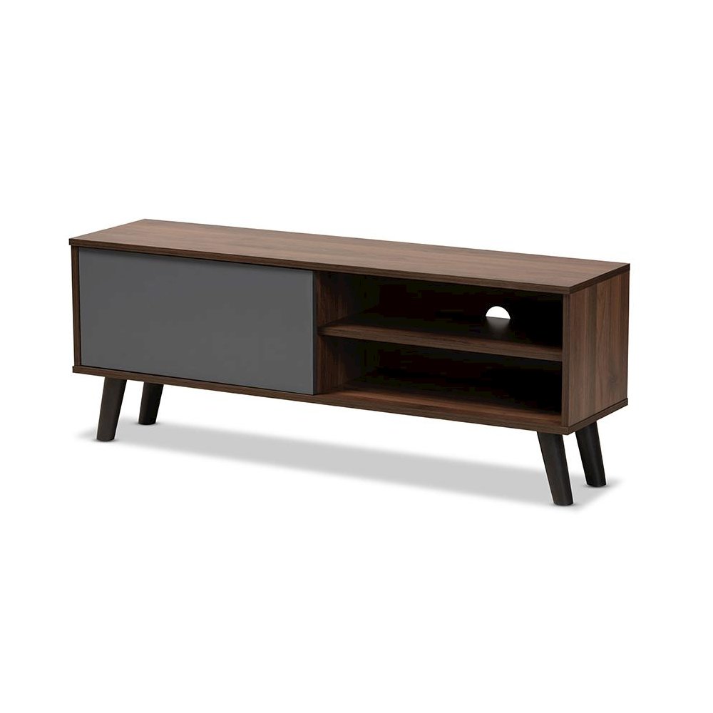 Two-Tone Walnut Brown and Grey Finished Wood TV Stand. Picture 1