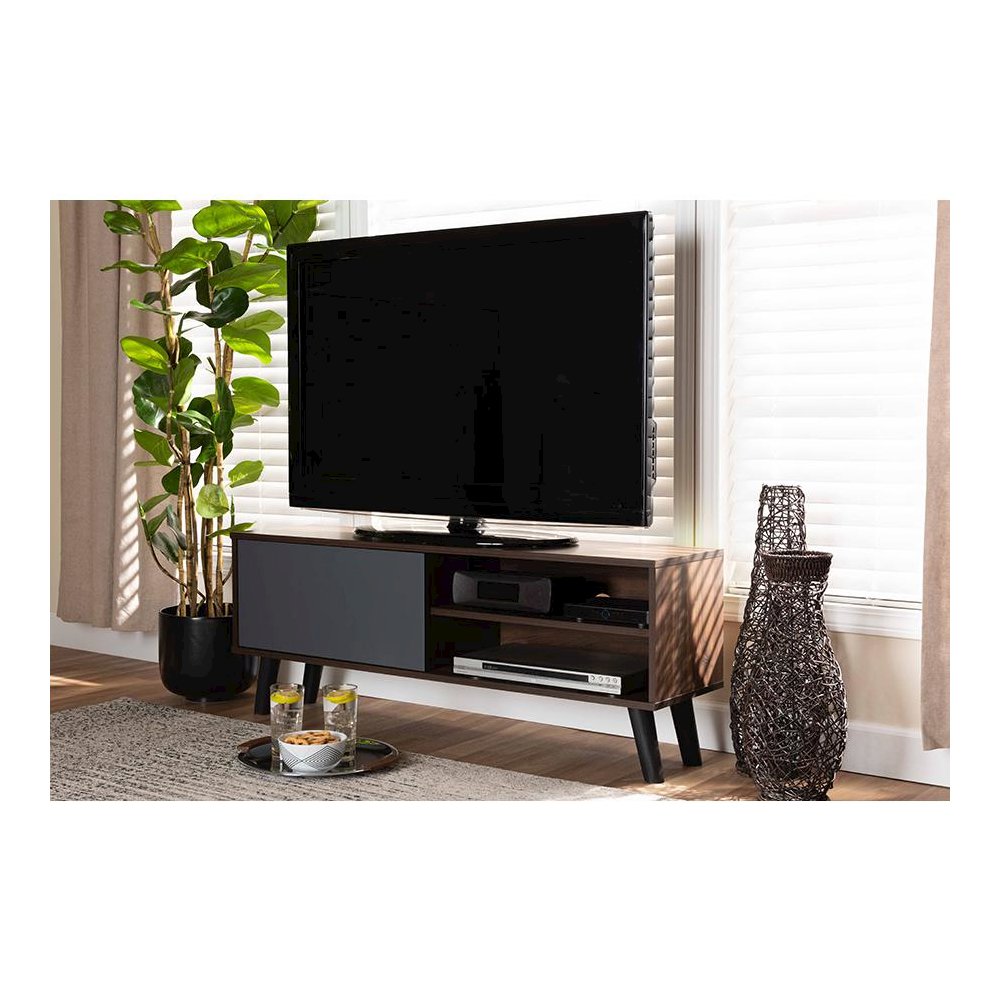 Two-Tone Walnut Brown and Grey Finished Wood TV Stand. Picture 6