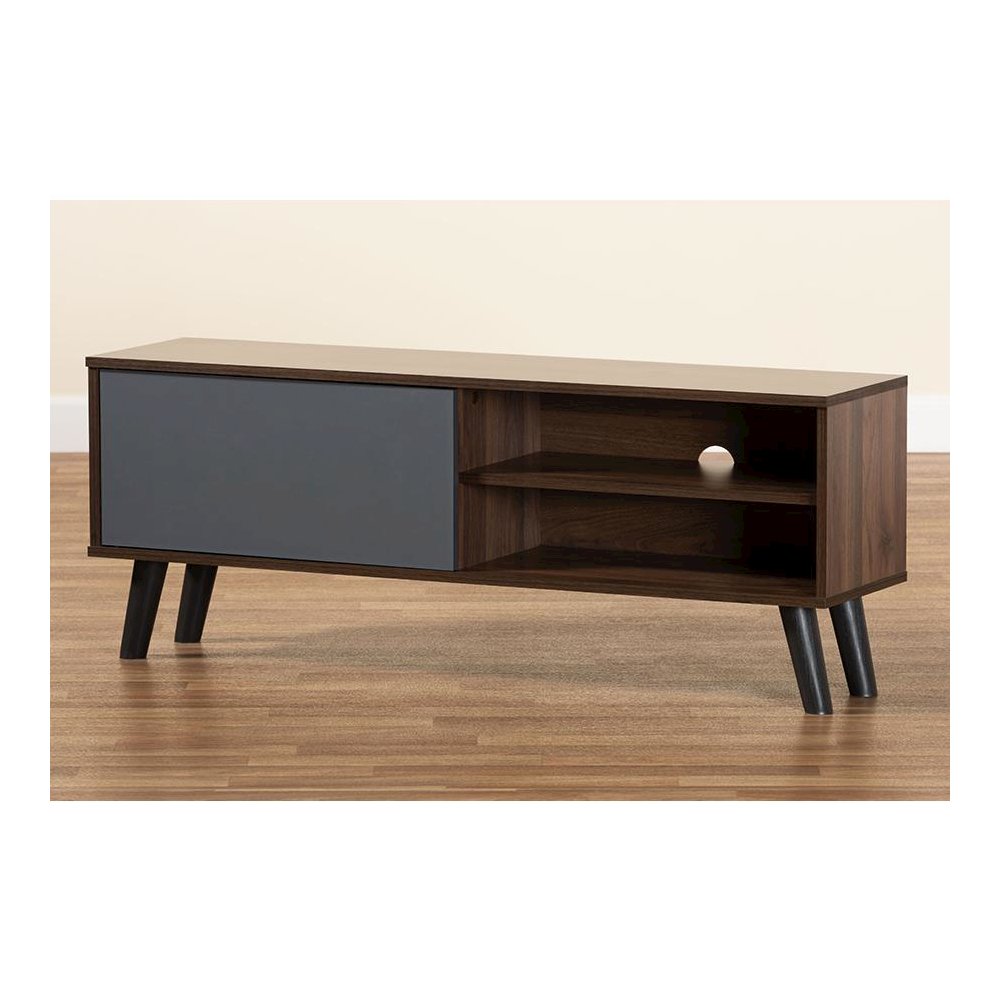 Two-Tone Walnut Brown and Grey Finished Wood TV Stand. Picture 7