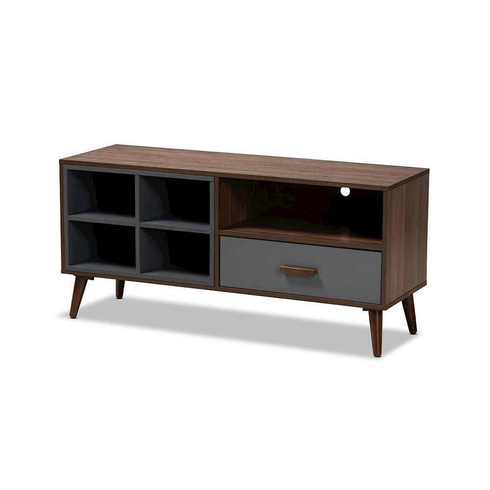 Two-Tone Grey and Walnut Brown Finished Wood 1-Drawer TV Stand. Picture 1