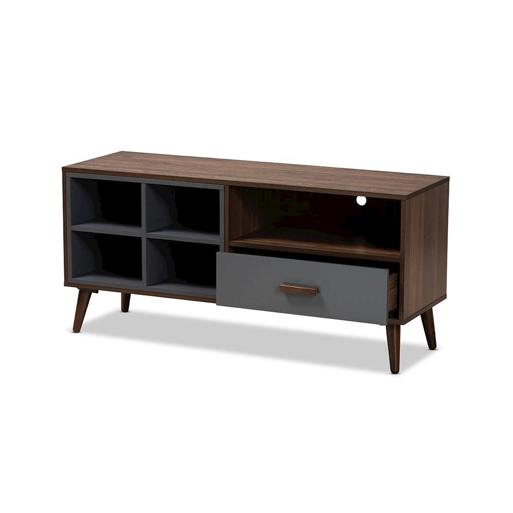 Two-Tone Grey and Walnut Brown Finished Wood 1-Drawer TV Stand. Picture 2