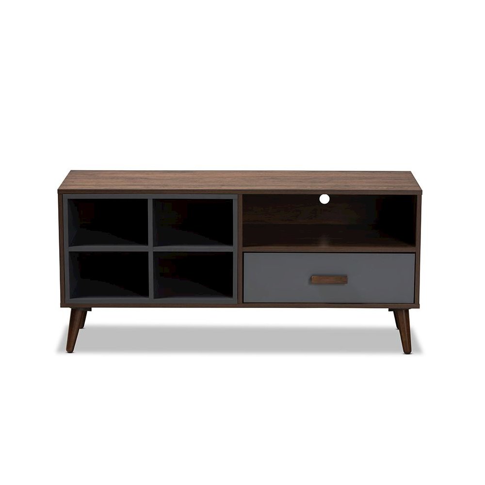 Two-Tone Grey and Walnut Brown Finished Wood 1-Drawer TV Stand. Picture 3