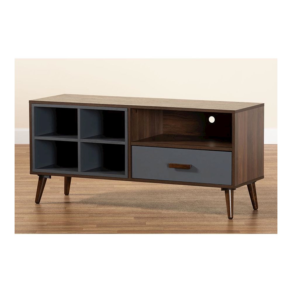 Two-Tone Grey and Walnut Brown Finished Wood 1-Drawer TV Stand. Picture 9