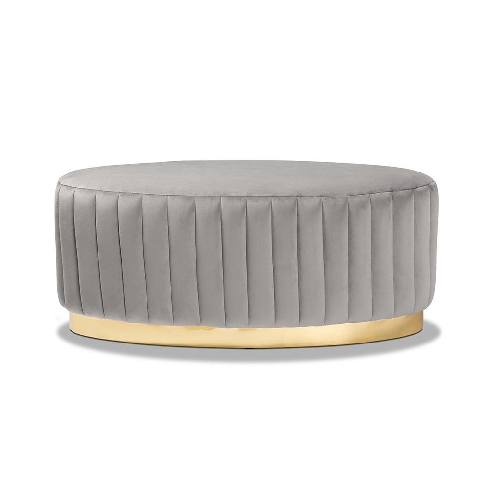 Kirana Glam and Luxe Grey Velvet Fabric Upholstered and Gold PU Leather Ottoman. Picture 2