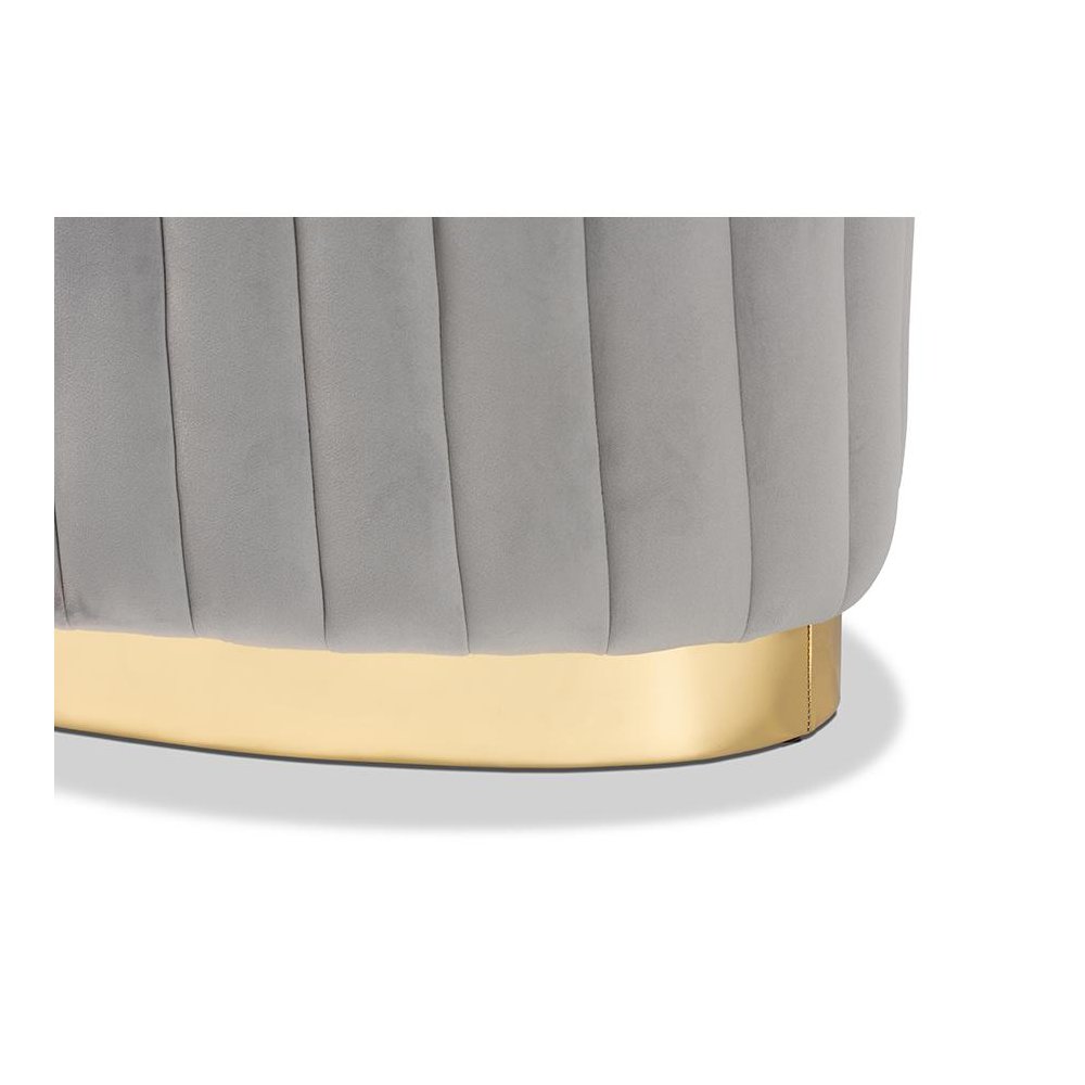 Kirana Glam and Luxe Grey Velvet Fabric Upholstered and Gold PU Leather Ottoman. Picture 4