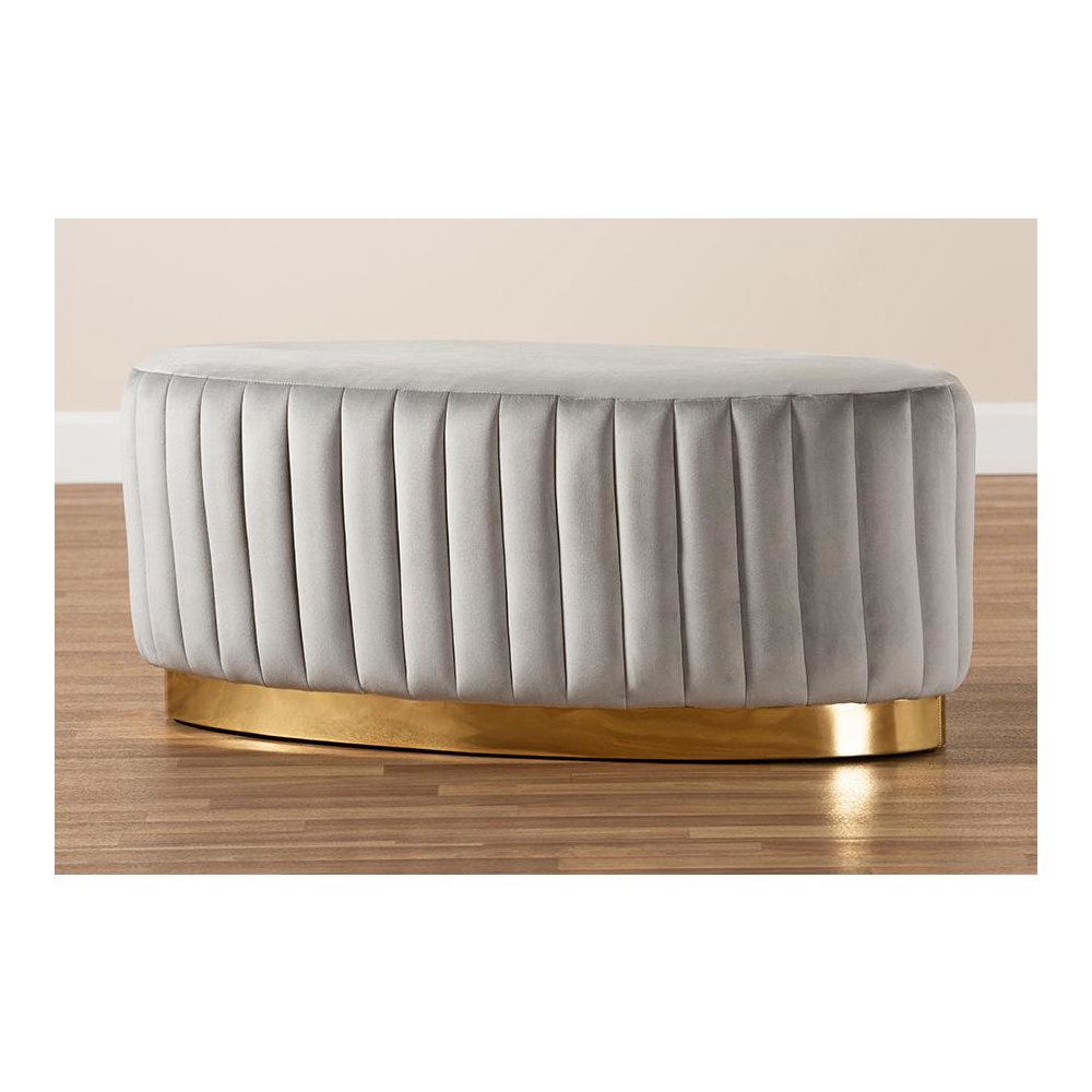 Kirana Glam and Luxe Grey Velvet Fabric Upholstered and Gold PU Leather Ottoman. Picture 6