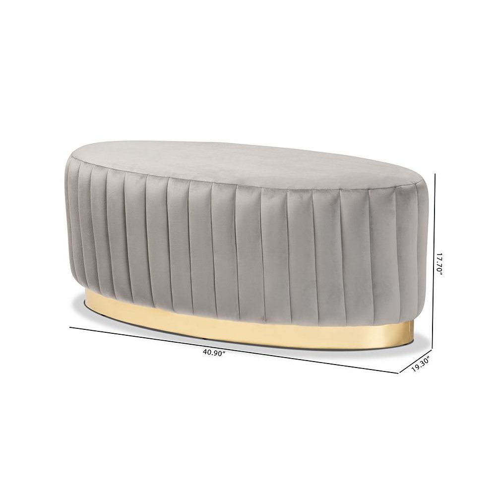 Kirana Glam and Luxe Grey Velvet Fabric Upholstered and Gold PU Leather Ottoman. Picture 7