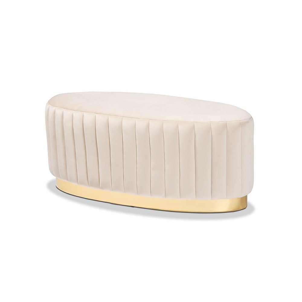 Kirana Glam and Luxe Beige Velvet Fabric Upholstered and Gold PU Leather Ottoman. Picture 1