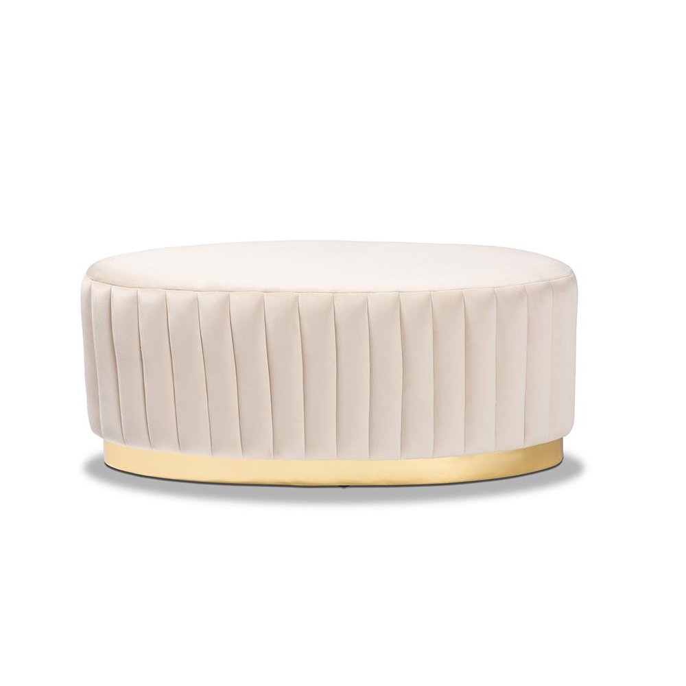 Kirana Glam and Luxe Beige Velvet Fabric Upholstered and Gold PU Leather Ottoman. Picture 2