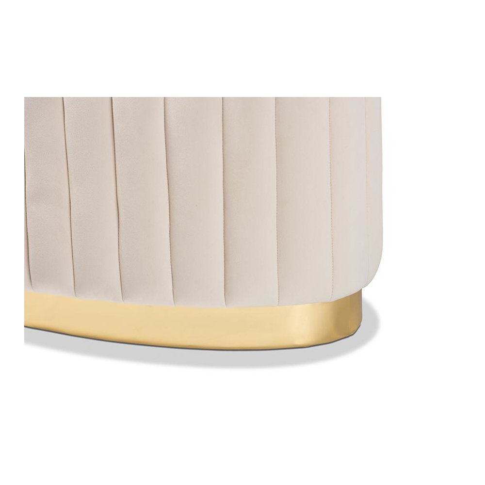 Kirana Glam and Luxe Beige Velvet Fabric Upholstered and Gold PU Leather Ottoman. Picture 4