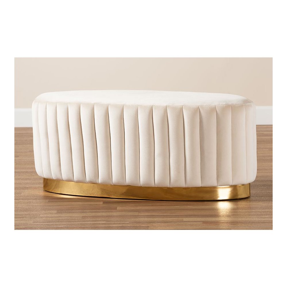 Kirana Glam and Luxe Beige Velvet Fabric Upholstered and Gold PU Leather Ottoman. Picture 6