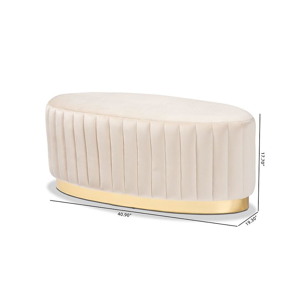 Kirana Glam and Luxe Beige Velvet Fabric Upholstered and Gold PU Leather Ottoman. Picture 7