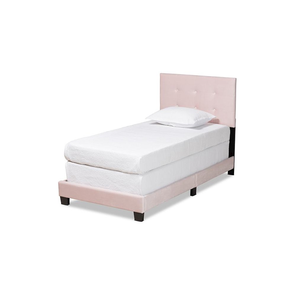 Glam Light Pink Velvet Fabric Upholstered Twin Size Panel Bed. Picture 1