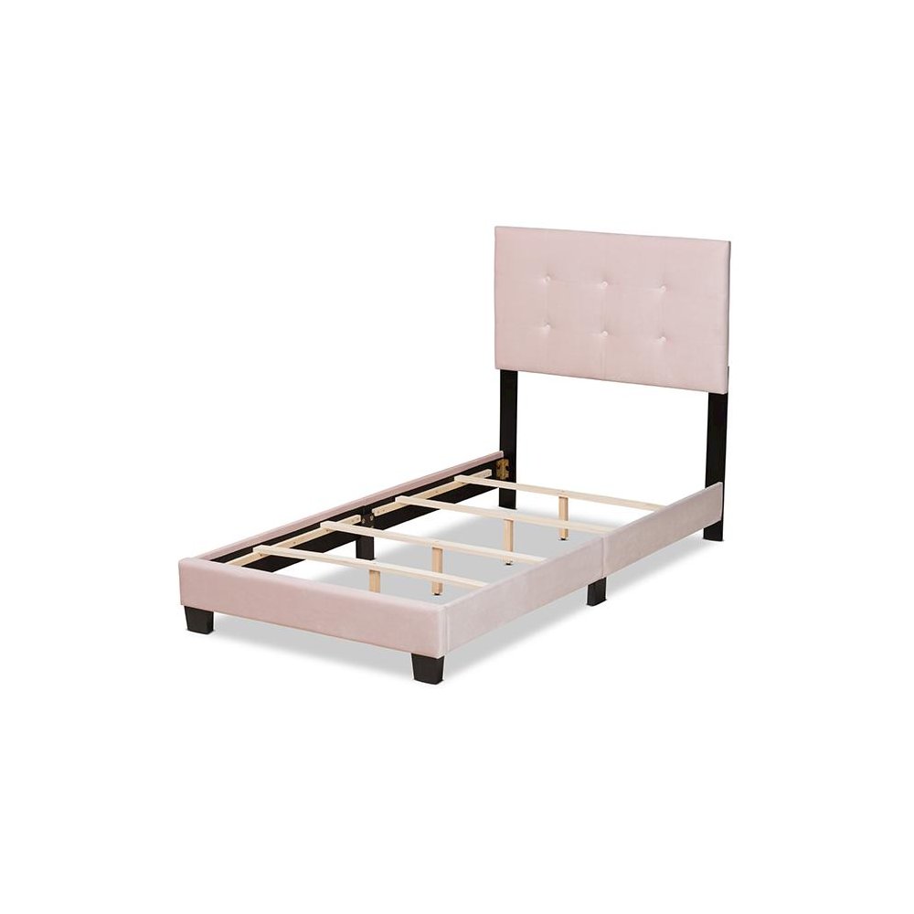 Glam Light Pink Velvet Fabric Upholstered Twin Size Panel Bed. Picture 3