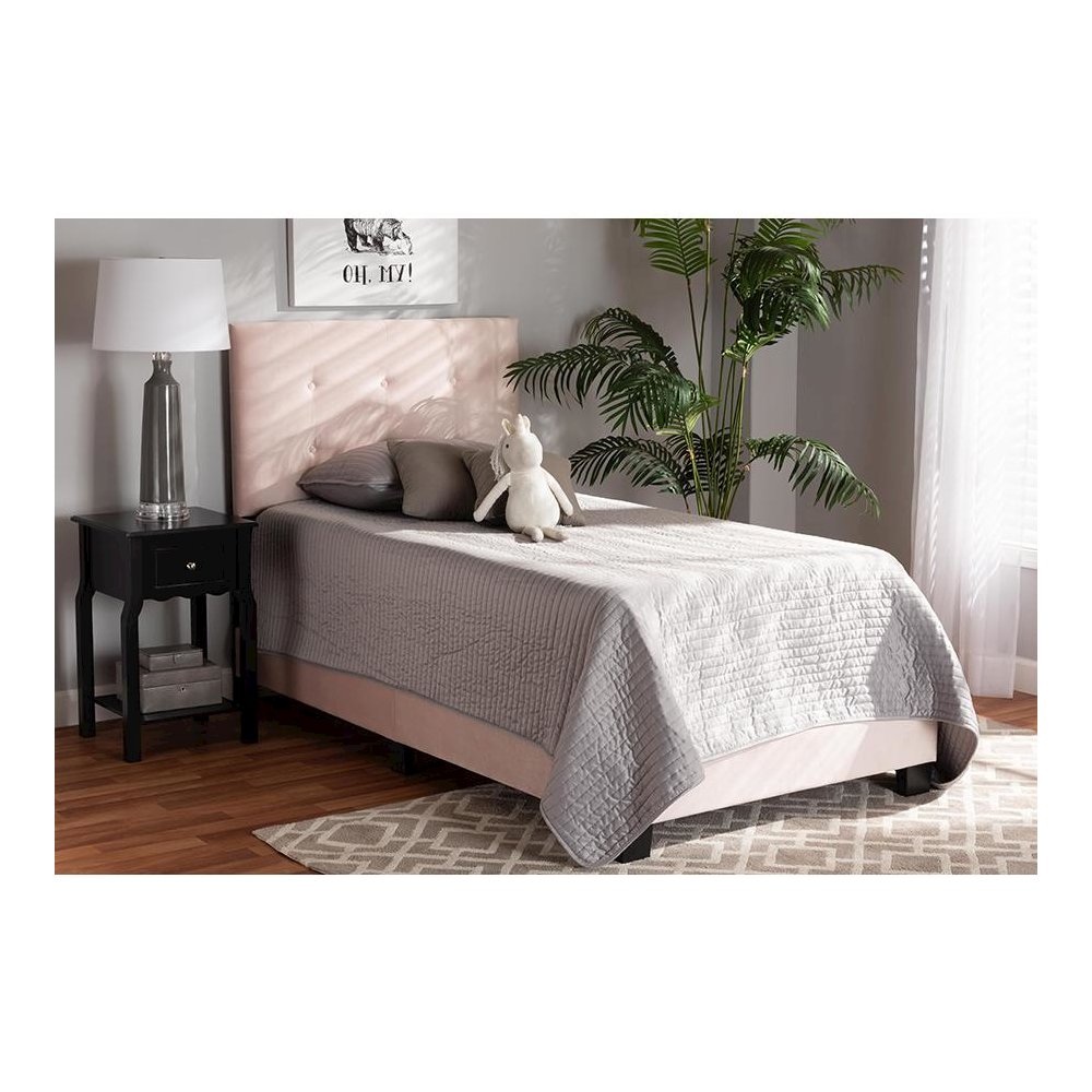 Glam Light Pink Velvet Fabric Upholstered Twin Size Panel Bed. Picture 6