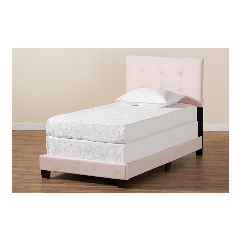 Glam Light Pink Velvet Fabric Upholstered Twin Size Panel Bed. Picture 7