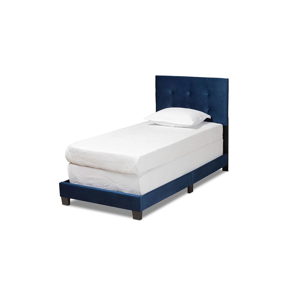 Glam Navy Blue Velvet Fabric Upholstered Twin Size Panel Bed. Picture 1