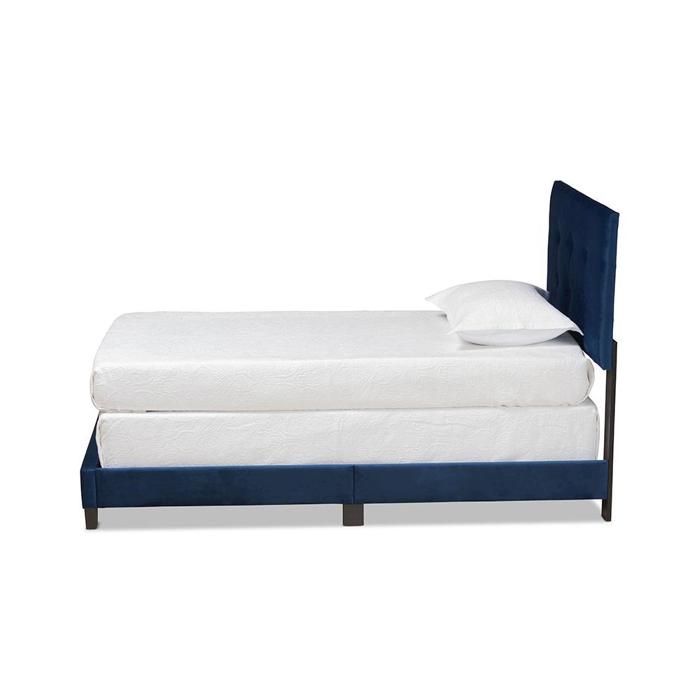 Glam Navy Blue Velvet Fabric Upholstered Twin Size Panel Bed. Picture 2