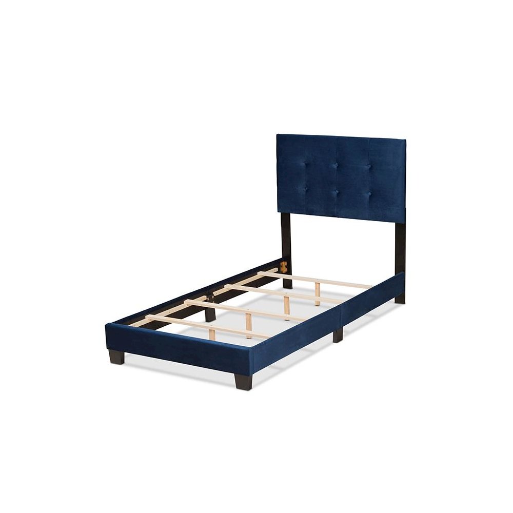 Glam Navy Blue Velvet Fabric Upholstered Twin Size Panel Bed. Picture 3