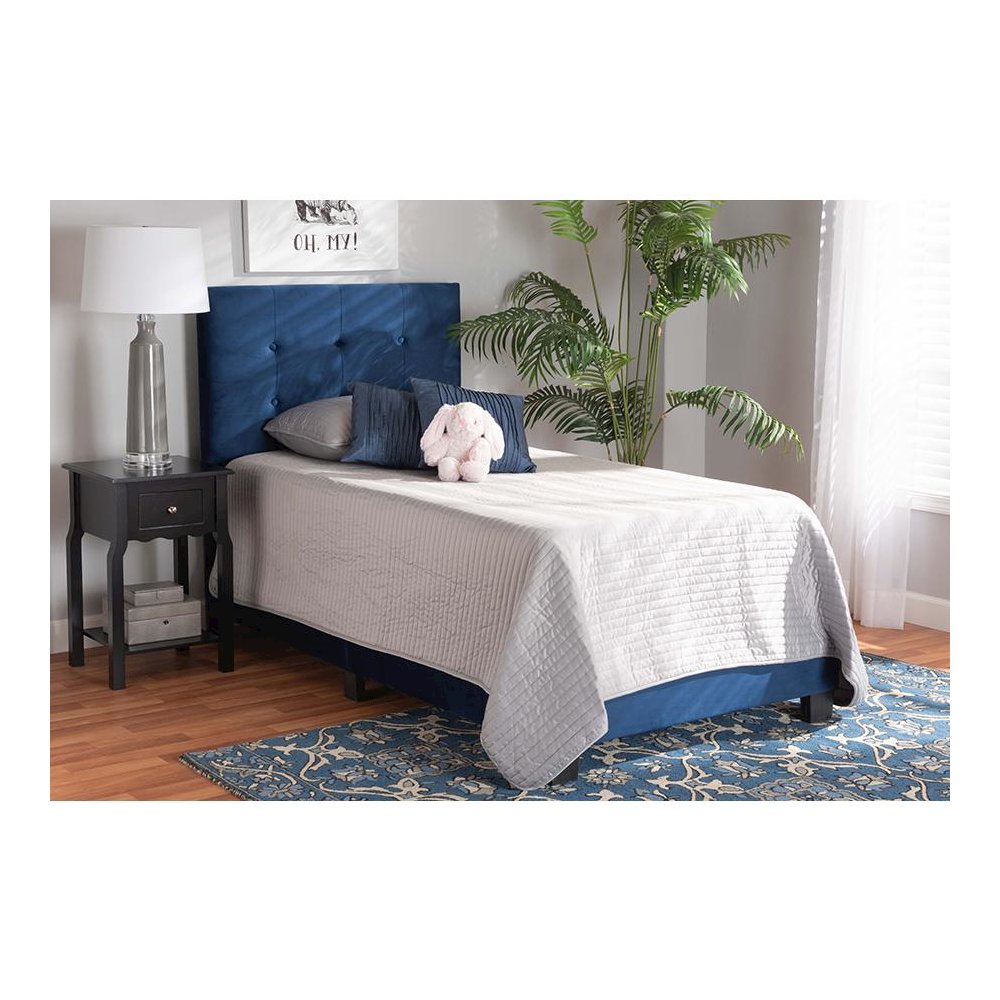 Glam Navy Blue Velvet Fabric Upholstered Twin Size Panel Bed. Picture 6