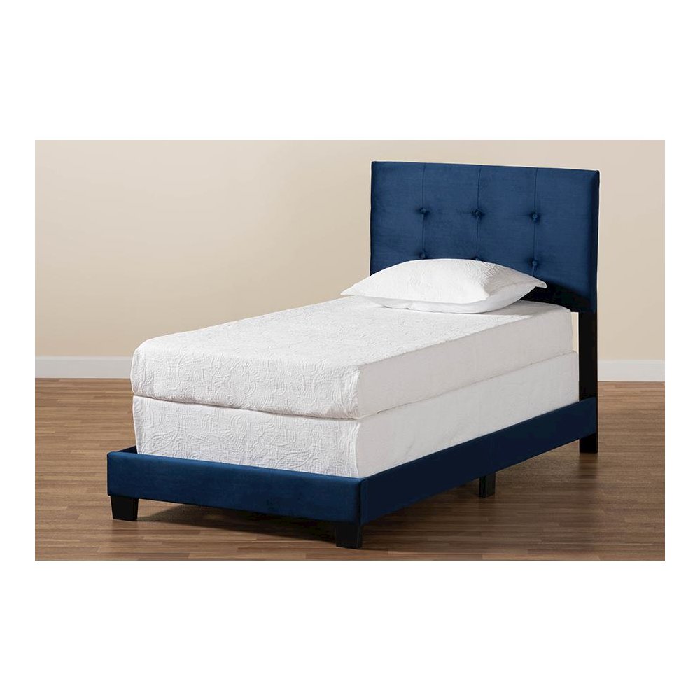 Glam Navy Blue Velvet Fabric Upholstered Twin Size Panel Bed. Picture 7