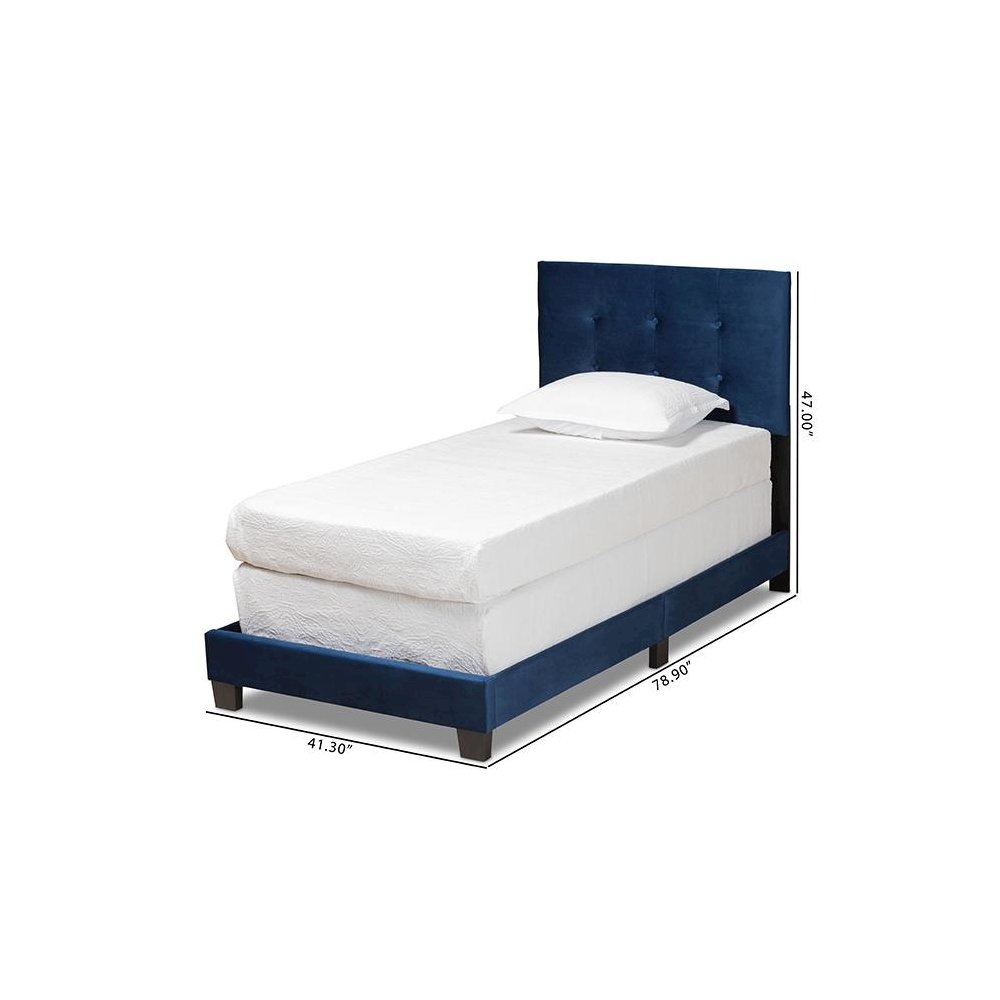 Glam Navy Blue Velvet Fabric Upholstered Twin Size Panel Bed. Picture 8