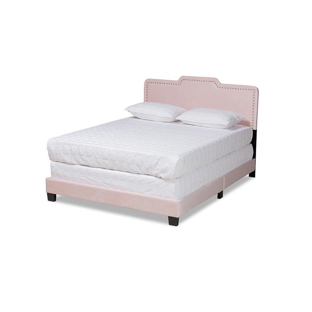 Glam Light Pink Velvet Fabric Upholstered Full Size Panel Bed. Picture 1