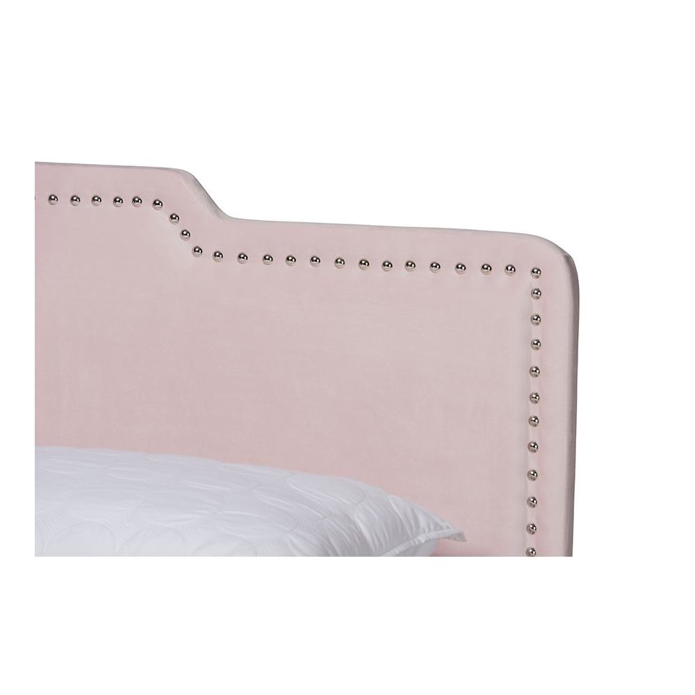 Glam Light Pink Velvet Fabric Upholstered Full Size Panel Bed. Picture 4