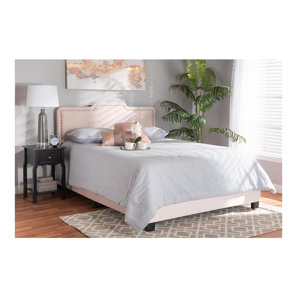 Glam Light Pink Velvet Fabric Upholstered Full Size Panel Bed. Picture 6