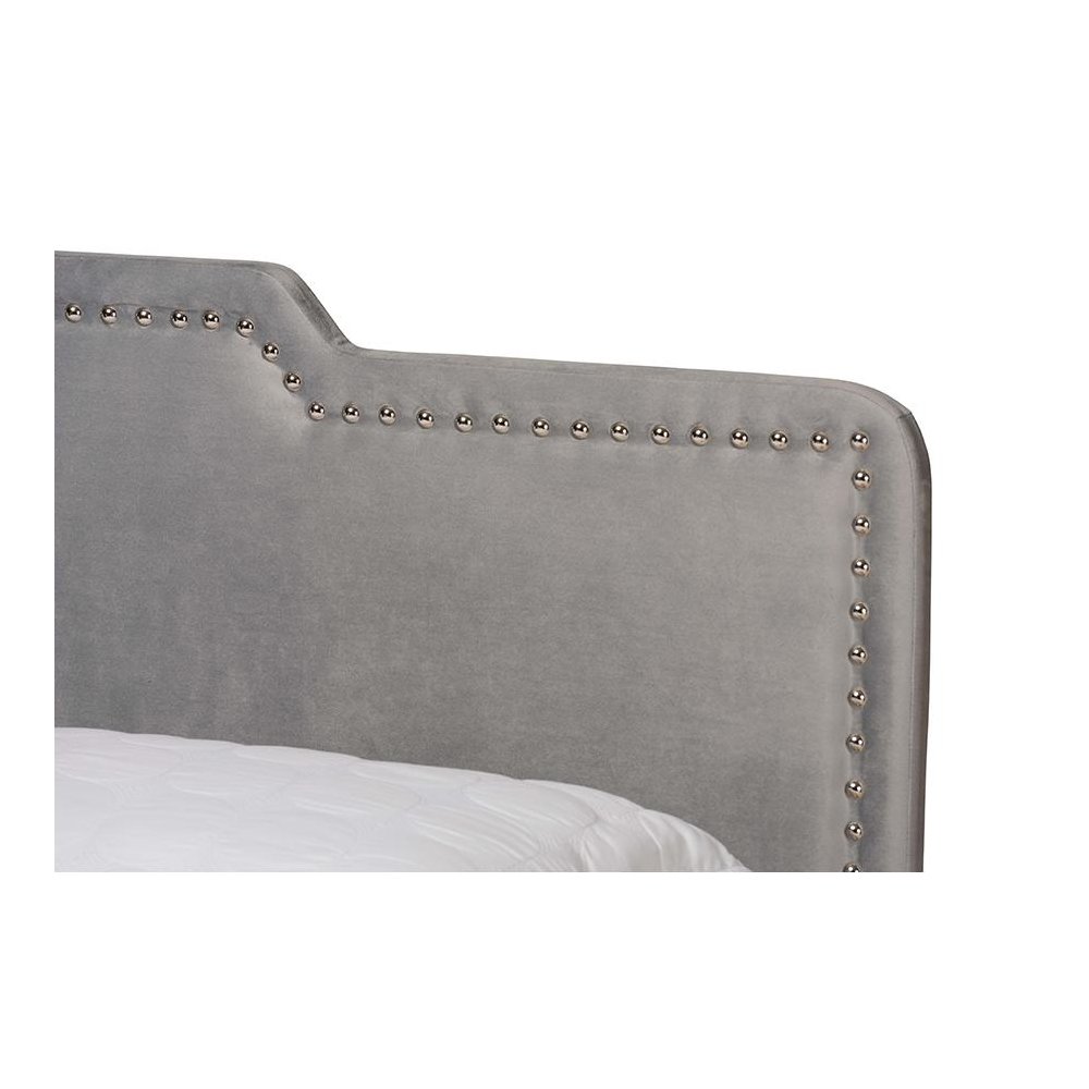 Glam Grey Velvet Fabric Upholstered Queen Size Panel Bed. Picture 4
