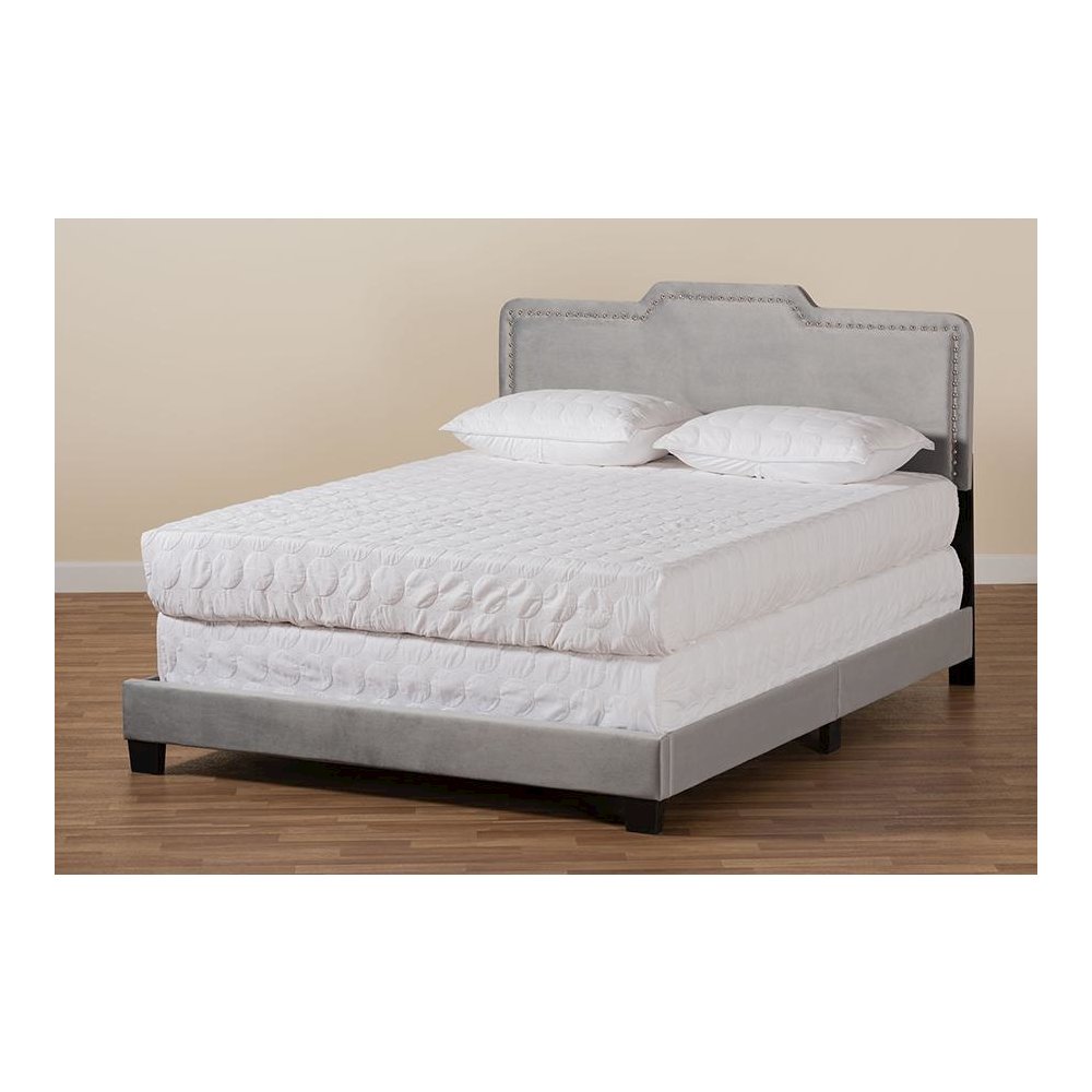 Glam Grey Velvet Fabric Upholstered Queen Size Panel Bed. Picture 7