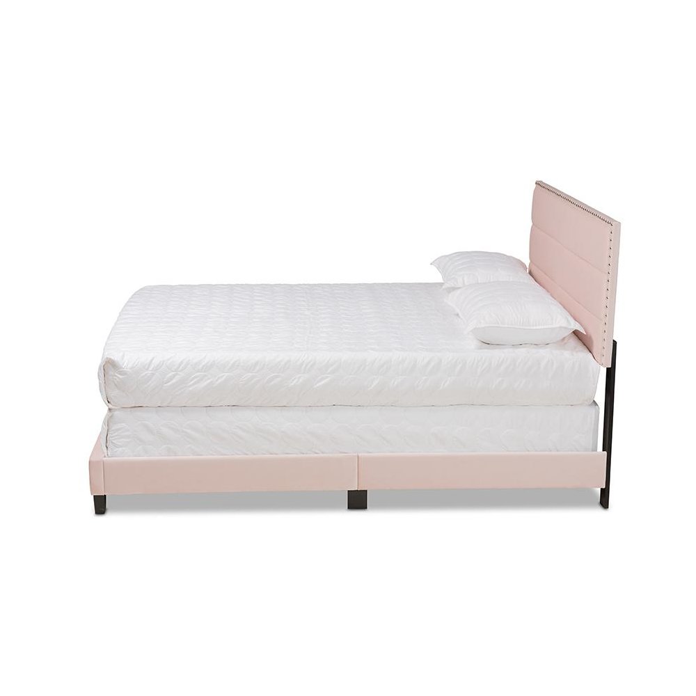 Glam Light Pink Velvet Fabric Upholstered Full Size Panel Bed. Picture 2
