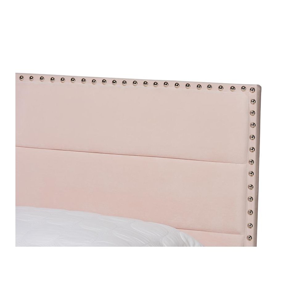Glam Light Pink Velvet Fabric Upholstered Full Size Panel Bed. Picture 4