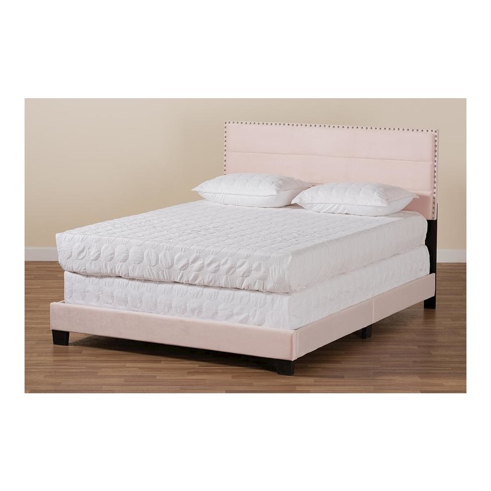 Glam Light Pink Velvet Fabric Upholstered Full Size Panel Bed. Picture 7