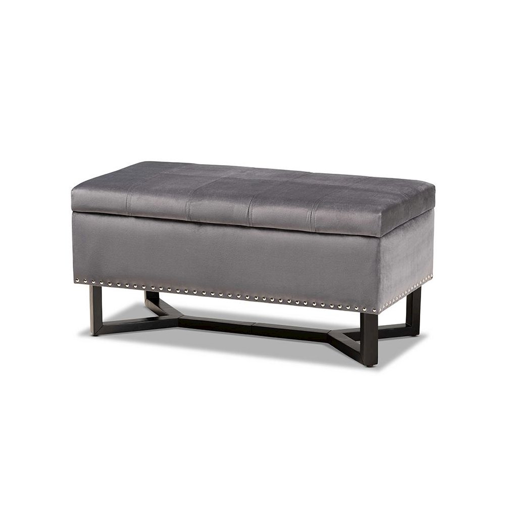 Grey Velvet Fabric Upholstered and Dark Brown Finished Wood Storage Ottoman. Picture 1