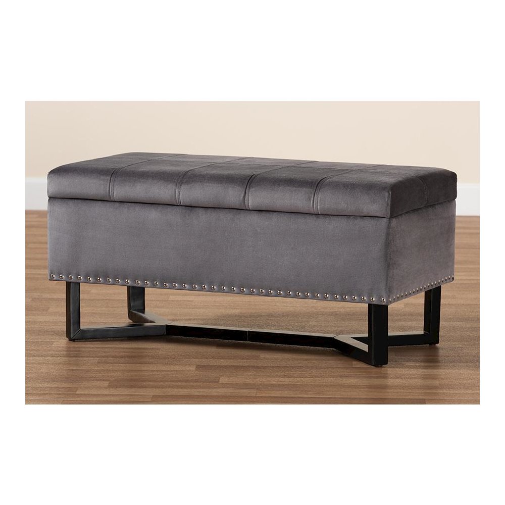 Grey Velvet Fabric Upholstered and Dark Brown Finished Wood Storage Ottoman. Picture 10