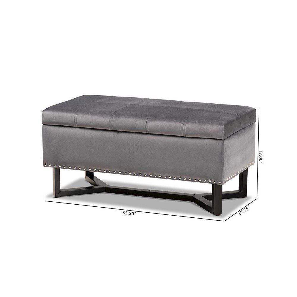 Grey Velvet Fabric Upholstered and Dark Brown Finished Wood Storage Ottoman. Picture 11