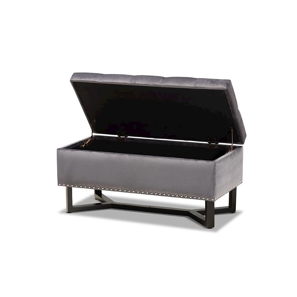 Grey Velvet Fabric Upholstered and Dark Brown Finished Wood Storage Ottoman. Picture 2
