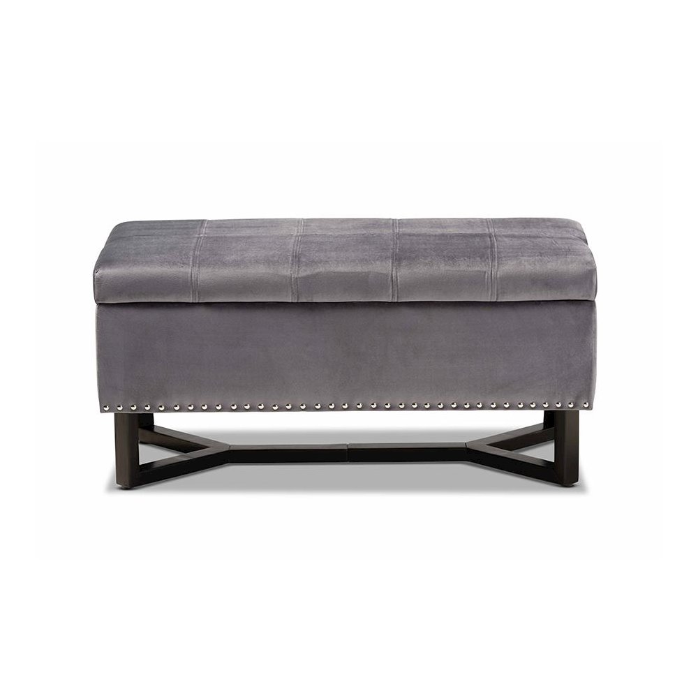 Grey Velvet Fabric Upholstered and Dark Brown Finished Wood Storage Ottoman. Picture 3